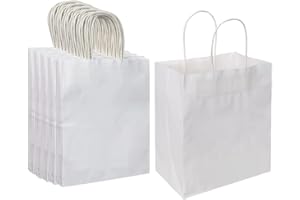 Oikss 100 Pack 8x4.75x10 Inch Medium White Kraft Paper Bags with Handles Bulk for Birthday Wedding Party Favors Grocery Retail Shopping Business Takeout Goody Craft Gift Bags Sacks, (100pcs Count)