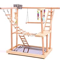 QBLEEV Wood Parrot Playground Perches with Swing,Birds Chewing Climbing Ladder Toys, Bird Training Play Stands Feer Cups for Parakeets Conures Cockatiel Lovebirds (18.7" L12.8 W20.87 H)