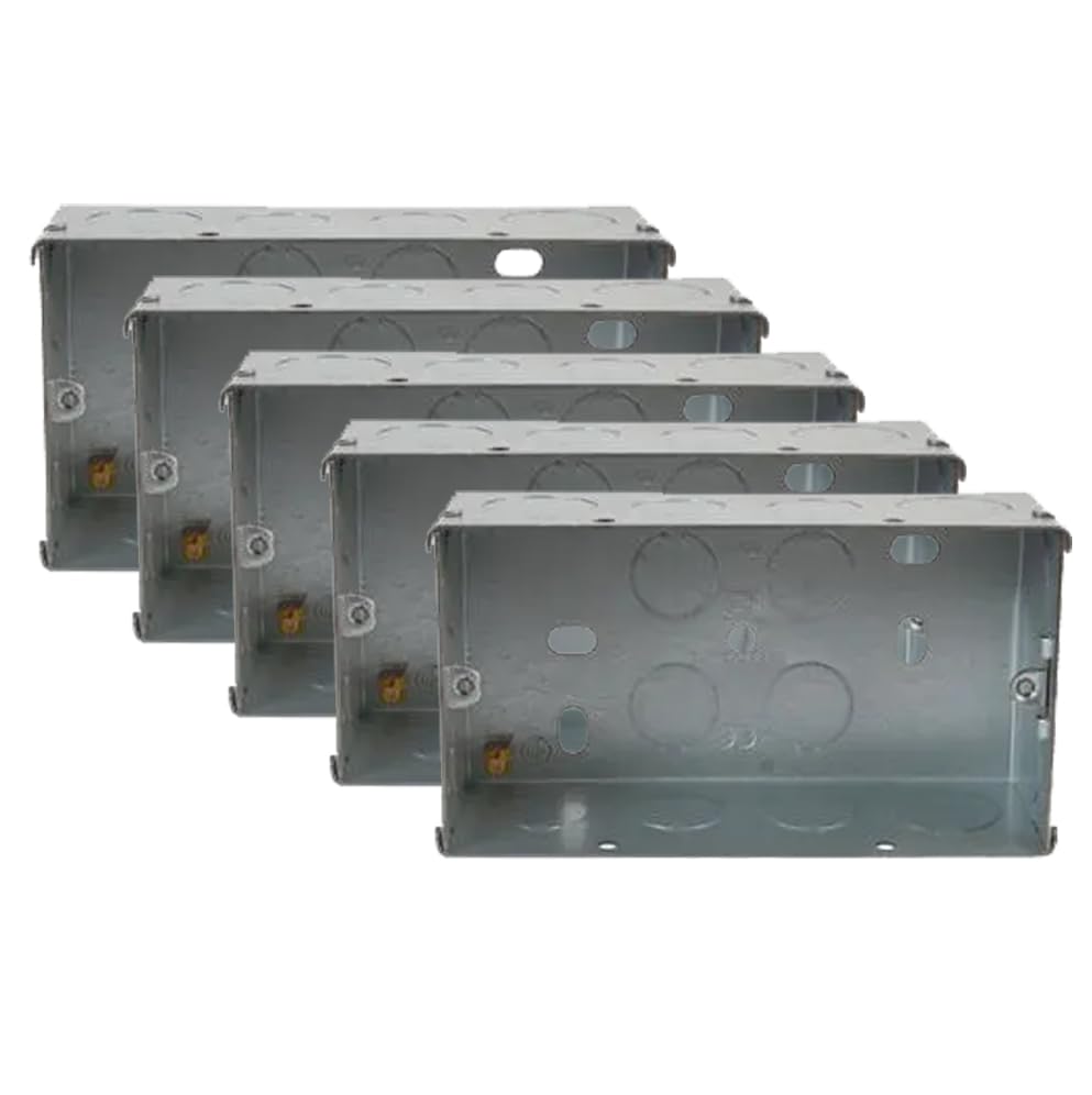 rhinocables Metal 2 Gang Double Socket Back Box, Double Pattress Box Mount, Steel Knock Out Flush Mount (5 Pack, 47mm)