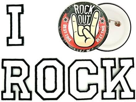 IROCK_WH - 5 White Letters I Rock Applique Embroidered Patches and 1 Pcs of 2.25" Rock Out Pinback Button