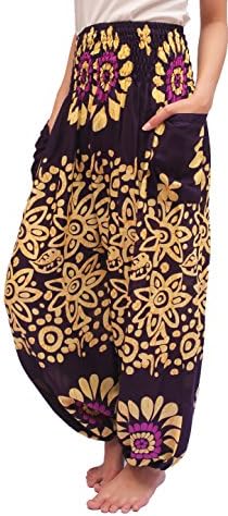 ChiangmaiThaiShop Harem Pant Yoga Bohos Extra Size For Men &amp; Women Elastic Waist smocks Rayon (G-Purple, Large)