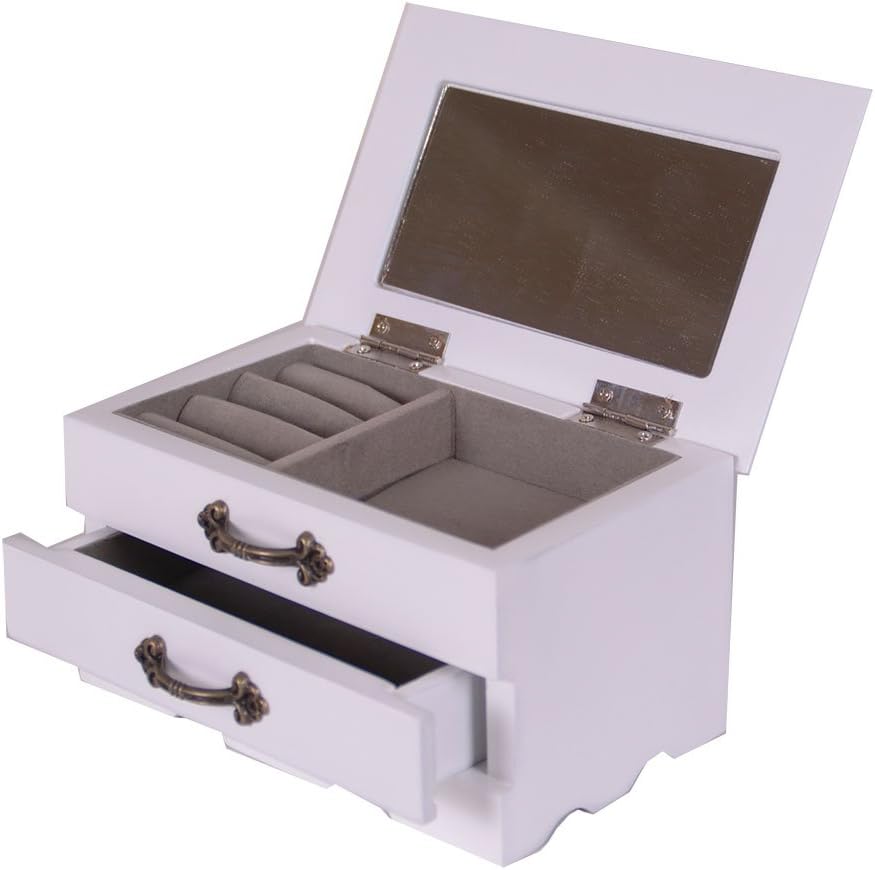 Charming House Design Wooden Jewellery Box One Drawer Case/Cabinet/Trinket With Mirror Small