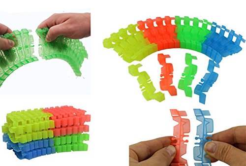 Light Up Twisting Glow In The Dark Race Tracks - Twisting Racing Track With Endless Glowing Track Possibilities - Neon Glow Twisting Tracks - Includes Tracks, Toy Car, Risers, Decals - 164pc Set