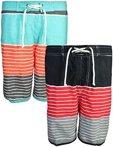 Quad Seven Boys\' Swim Trunks, 2-Pack Set (4, Charcoal-Orange/Grey-Red)'