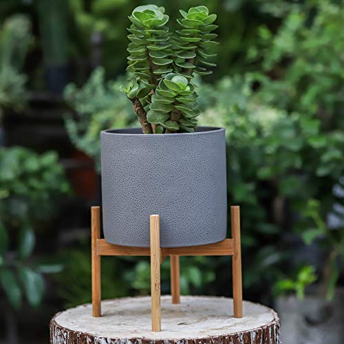 NCYP Gray Cement Planter Pot Bamboo Stand Set Modern Indoor Round Concrete Container Holder Flower Plants Cactus Succulents Areca Palm Fiddle-Leaf Fig