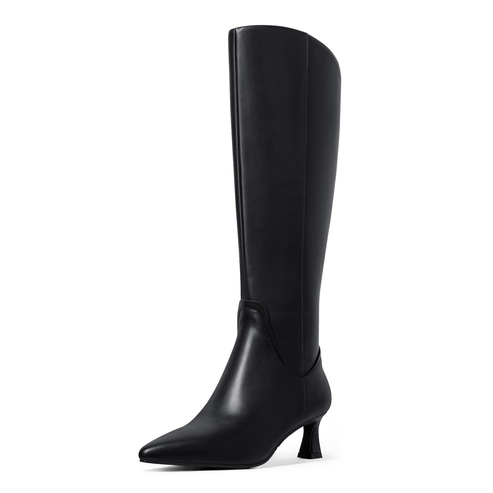 Photo 1 of MUCCCUTE Black Knee High Boots for Women Kitten Heel Tall Boots Pointed Toe Long Botas Side Zipper Slip On Fashion PU Size 8