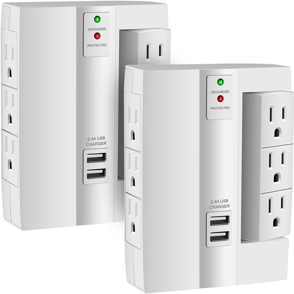 Wall Tap Surge Protector, Kasonic Top Power Strip 6 Power Outlets Plus 2 USB Ports Portable Wall-Mount Socket, Best Power Surge Protection Smart Charging for Home and Office (2 Pack)