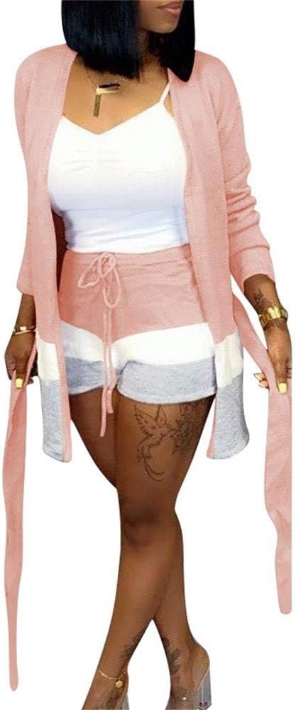 Womens 2 Piece Outfits Sweater Sets Long Sleeve Stripe Cardigan & Short Pants Sexy Clubwear with Belt