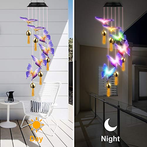 FLYNOVA Wind Chimes Outdoor, Solar Butterfly Wind Chime LED Color Changing Waterproof Decorative Patio Lights for Home Party Yard Garden