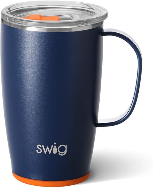 Amazon Com Swig Life 18oz Triple Insulated Travel Mug With Handle And Lid Dishwasher Safe Double Wall And Vacuum Sealed Stainless Steel Coffee Mug In Matte Navy Orange Print Gameday Colors Edition Kitchen
