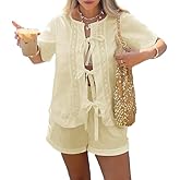 Xfileen Women Summer 2 Piece Sets Short Short Sleeve Tie Front Tops and Shorts Cotton Pajamas Lounge Set