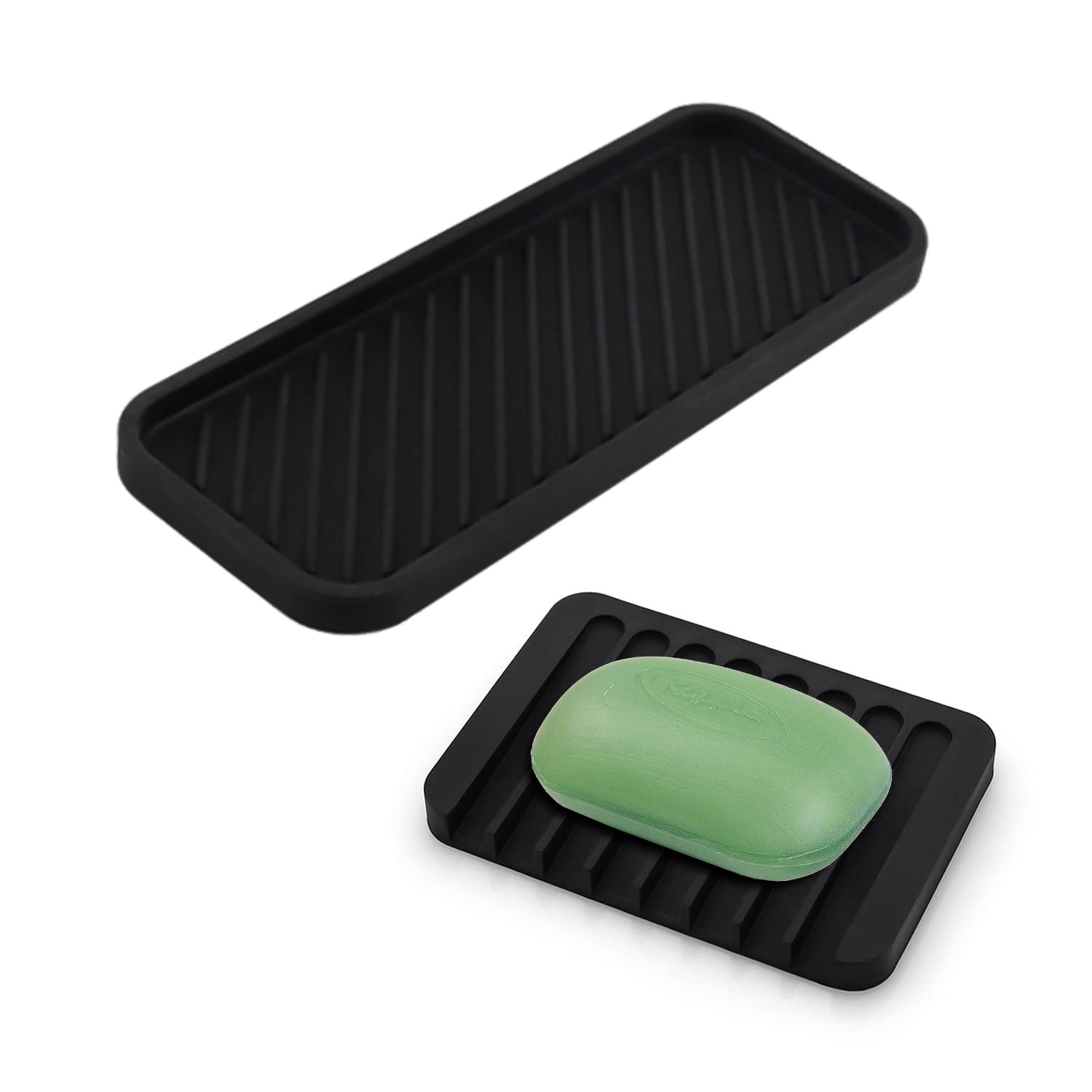 1 Piece of Black Silicone Drain mat, with 1 Black soap Holder, Simple Silicone Sponge Holder, Non-Slip Kitchen Sink Manager, Suitable for Brushes, soap, Kitchen Utensils, etc.