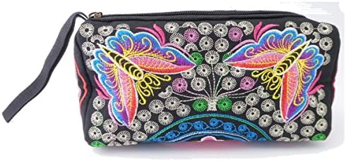 3 Zippers Embroidery Wristlet Wallet for Womens Cosmetic Bag (Butterflies)