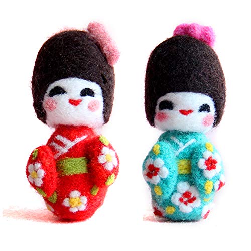 Artec360 Traditional Japanese Kimono Needle Felting Kits, Merino Wool with 3 Needles, 1 Pair Leather Gloves, Foam Mat and Tutorial 2 Pack Felting Kit (Red + Green)