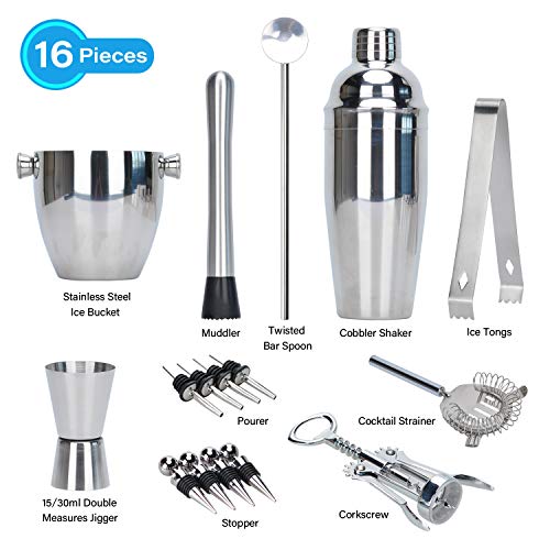 Songway 16-teiliges Cocktail-Shaker-Set aus Edelstahl, Bar-Set beinhaltet 550/750 ml Cobbler Shaker, Eiskübel, Stößel… – Bild 3