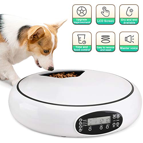 Pet Automatic Feeder Cats Dogs, Food Dispenser Timed Feed Bowl, 5 Meal Trays Dry Wet,Voice Recorder,LCD Smart Programmable Self Container Digital Clock, Portion Control (Auto Feeder)
