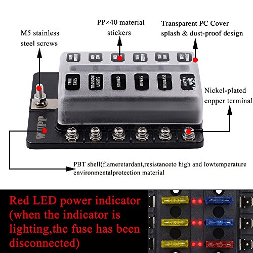 12-Way Boat Fuse Block with LED Warning Indicator Damp-Proof Cover WUPP Automotive Fuse Panel for Car Marine RV Truck DC 12-24V