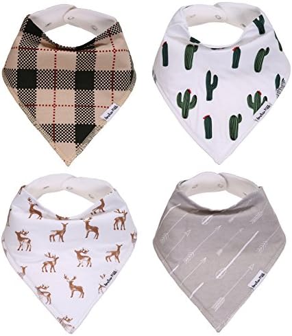 American Kiddo Baby Bandana Drool Bibs for Boys and Girls 100% Waterproof Organic Cotton With Snaps and Back Pocket (4-Pack) for Drooling and Teething Babies and Toddlers - Buckaroo Set