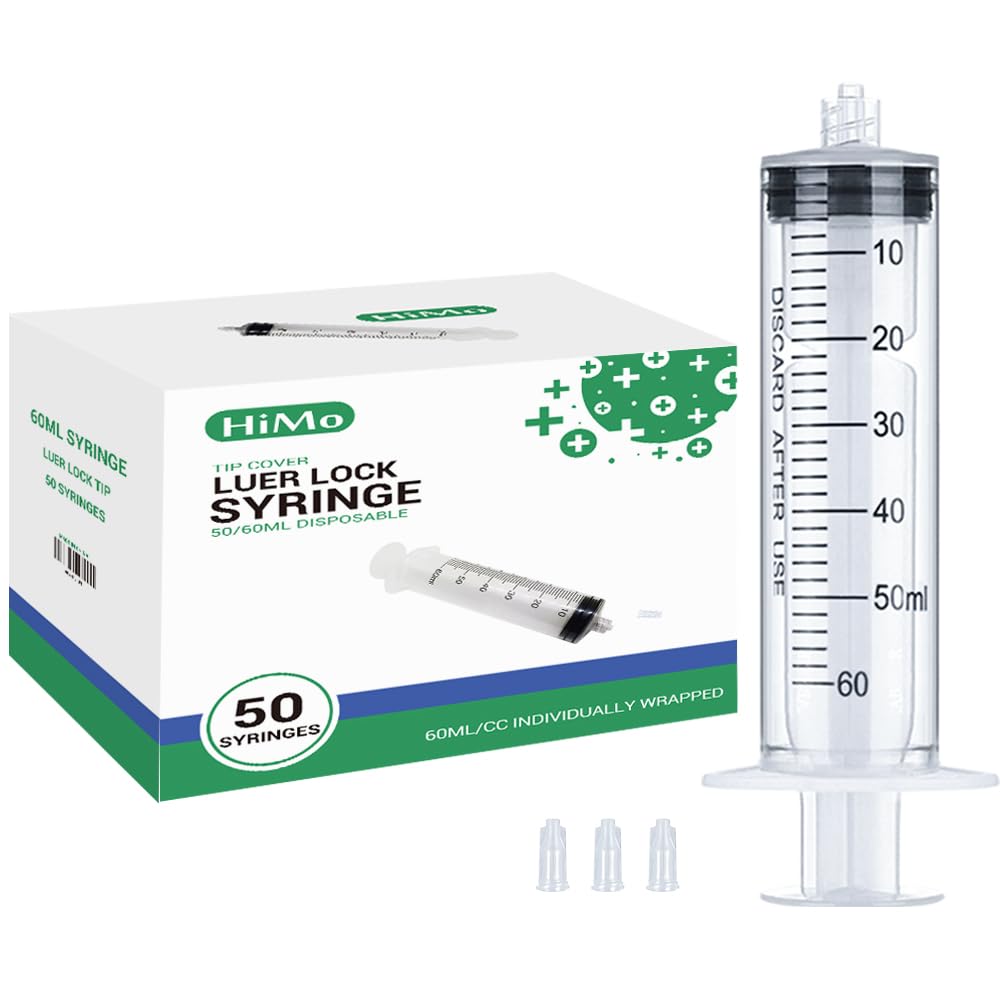 Photo 1 of HiMo Pack of 50 - 60mL Luer Lock Syringe without Needle Large Plastic Sterile Syringes with Cap 50mL/60cc