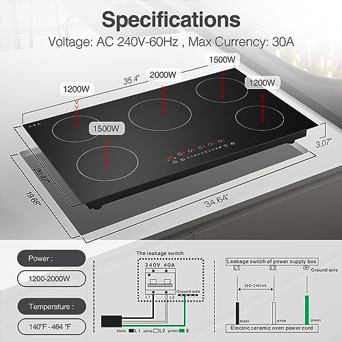 VBGK Induction Cooktop, with 5 Burners Desktop Built-in Cooktop, 7400W 240V Induction Stovetop 9 Power,Levels Sensor Touch Control,Child Safety Lock,1-99 Minutes Timer,Induction Burner