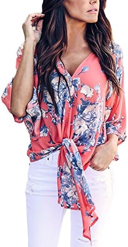 LOSRLY Women Floral Printed Tie Front V Neck Short Sleeve Chiffon Tops Summer Blouses-Rose L 12 14