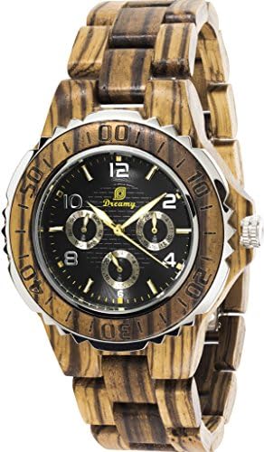 Unisex Six Hands Multifunction Display Wooden Watch Made of 100% Natural Zebra Wood Dreamy Wood Watch