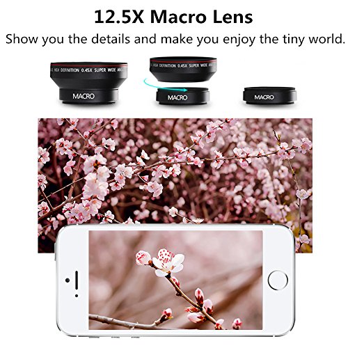 Phone Camera Lens, 2 in 1 Clip-On Lens Kit 0.45X Super Wide Angle Lens & 12.5X Macro Lens for iPhone, Samsung, Android and Other Smartphones (Black)