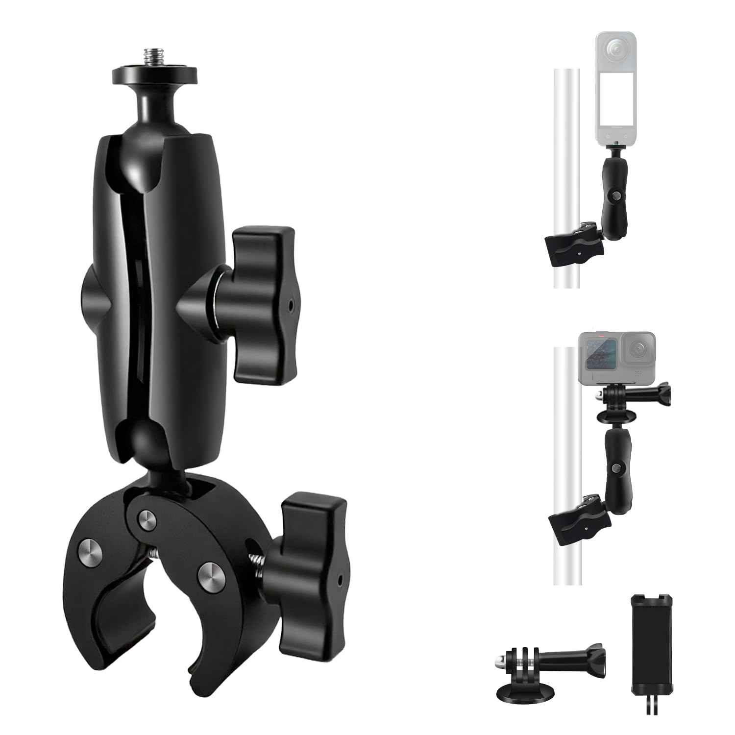 HAFOKO Bike Camera Clamp Mount Double Socket Arm 1/4" 360° Ball Head Adapter compatible for Gopro AKASO DJI Action Insta360/DSLR Camera Smartphone Monitor LED Lights for Bike Motorcycle