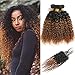 Feelgrace Hair 8A Brazilian 2 Tone Ombre Color Kinky Curly Hair 3 Bundles with 4X4 Closure Ombre Color Free Part Lace Closure with Virgin Remy Human Curly Hair Bundles Extensions(18 20 22+16)