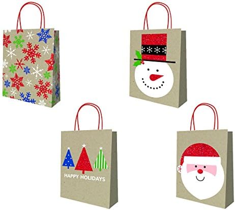 Christmas Holiday Rustic Country Kraft Gift Bags with Glitter Accents, Multicolor, Brown, Red, Green, Blue, Santa, Snowman, Snowflakes, Trees, Assorted 4 Pack, Medium, 12.5" x 10" x 5.5"