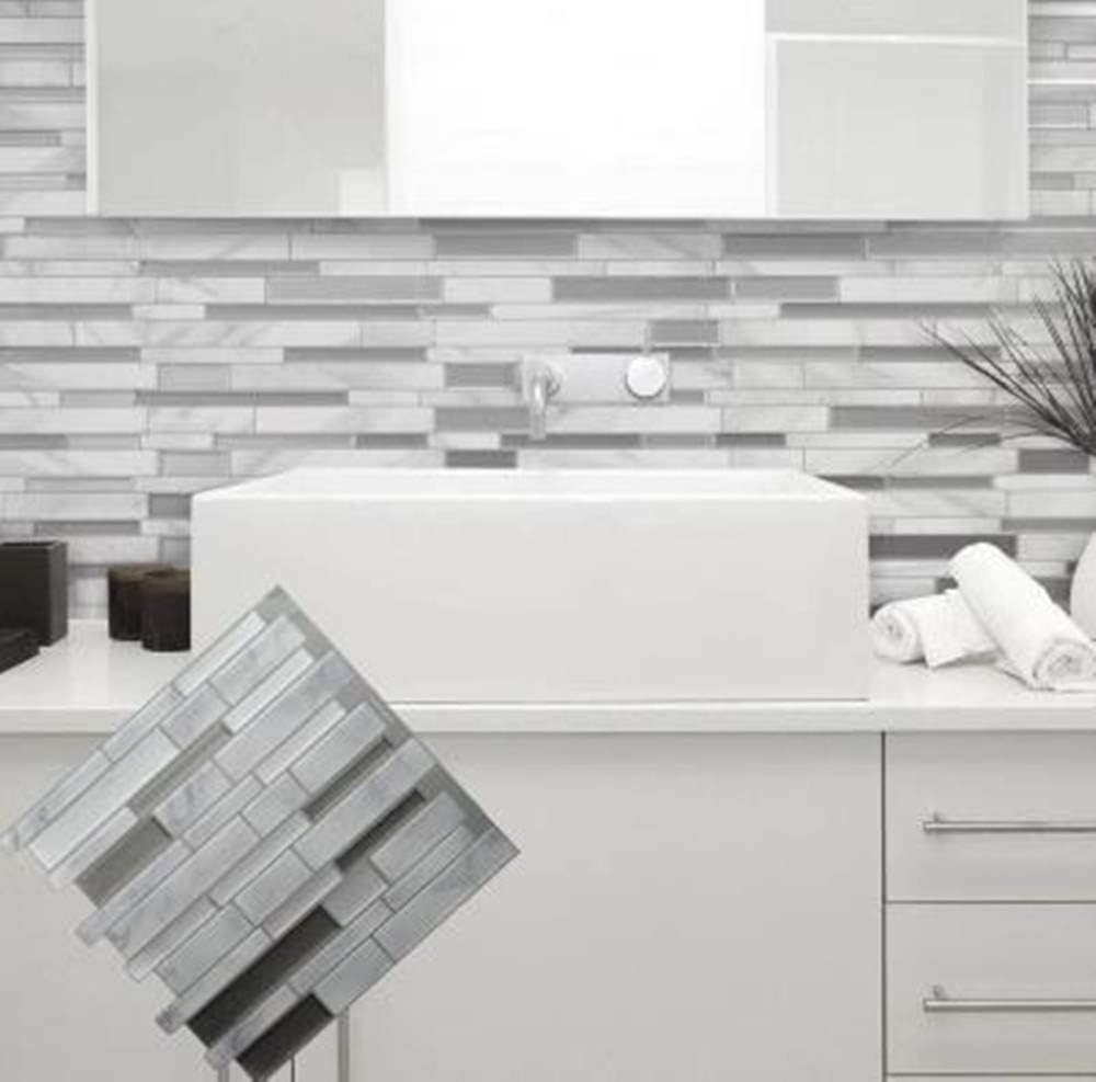 Hpybest White Grey Marble Mosaic Peel and Stick Wall Tile Self Adhesive Backsplash DIY Kitchen Bathroom Home Wall Decal Sticker Vinyl 3D