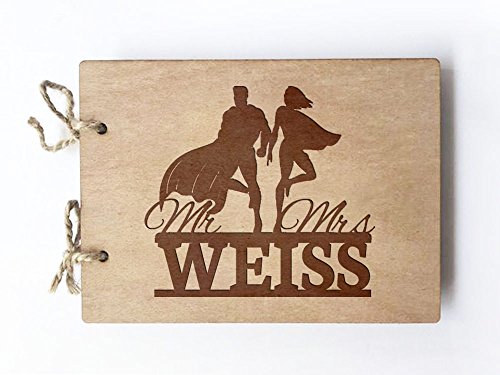 Wedding Guest book (wood) - notebook - Mr and Mrs Personlaized Superhero Flying Couple