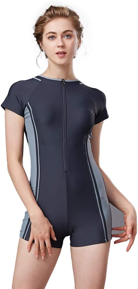Foclassy Swimming Costume Ladies Sports Swimsuit One Piece Long Sleeves Plus Size Zip Front Push Up Athletic Swimwear with Chest Pad-10129