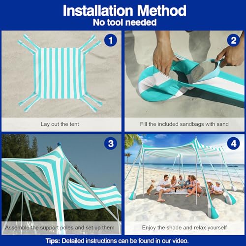 Rhino Valley Folding Beach Tent, Portable Beach Canopy UV Protection UPF50+ Windproof with Sandbags Pegs Ground Tent Outdoor Camping