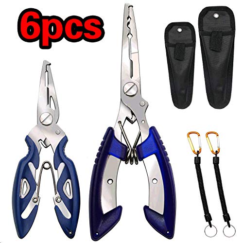 CMD Fishing Pliers Braid Cutters Split Ring Pliers Hook Remover Fish Holder with Sheath Stainless Steel and Lanyard (6.5) (Blue)