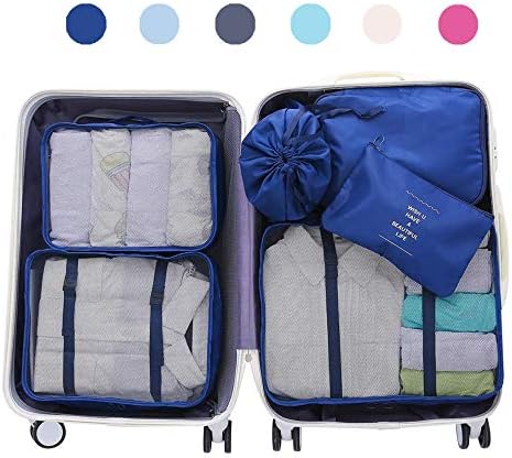 Luggage Organizer, Suitcase Packing Cubes, Compression Cells, Accessories Bags Made With Wearable Waterproof Material. Perfect for Travel, Long Trips, Camping, 6 Pieces (Navy Blue)