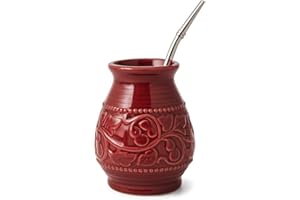 Pure Argentino Ceramic Yerba Mate Gourd Set with Bombilla Straw, Handmade Embossed Calabash Cup, Insulated Clay Mug for Hot & Cold Drinks – Coral