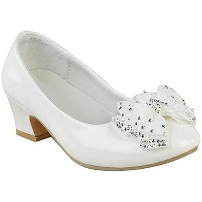 Mädchen Pumps - Hochzeitsschuhe - niedriger Absatz - Schleife und Schmucksteine