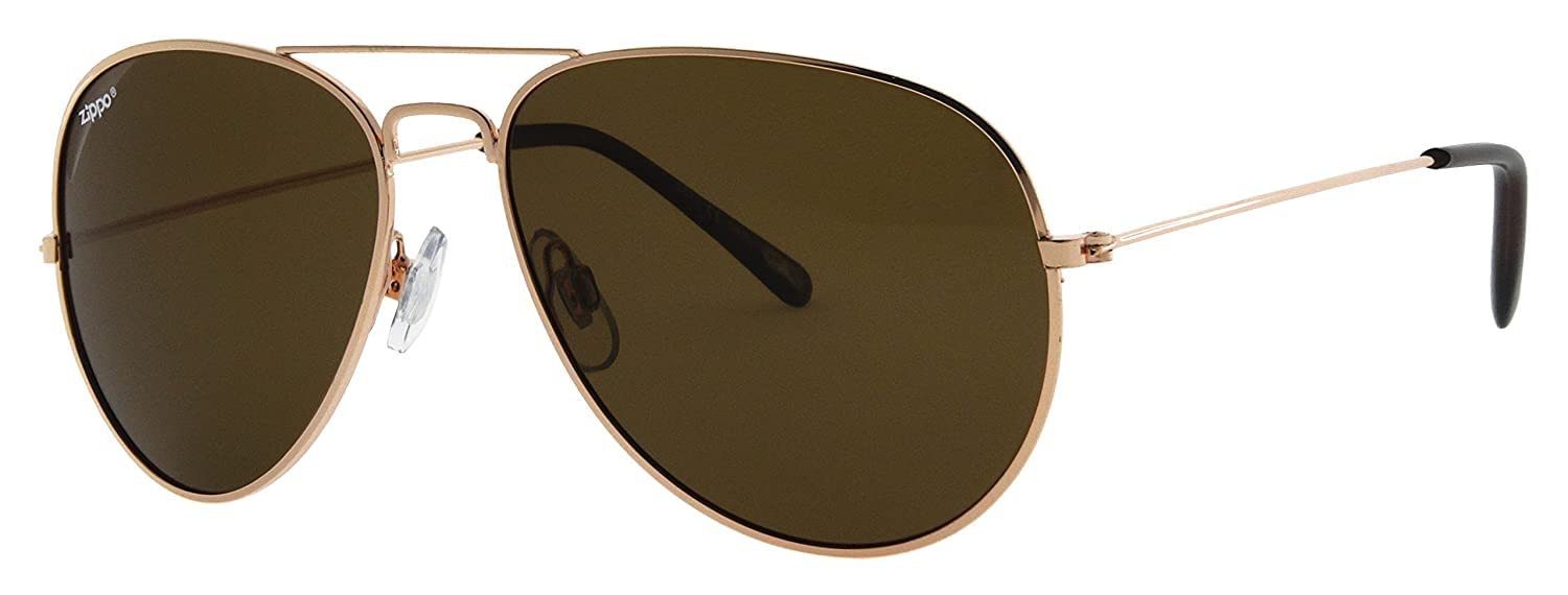 Zippo Eyewear - Flash Pilot Sunglasses - Polarized - UV400 Protection - Logo Left Lense - Adult, Unisex - Made in USA - Gold Frame, Brown Lenses & Temple - Gold