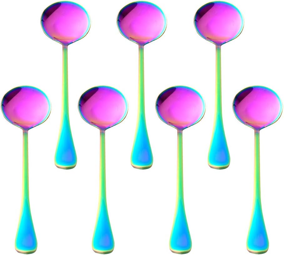 Rainbow Soup Spoons 19cm 7pcs Round Spoons with Long Handle Stainless