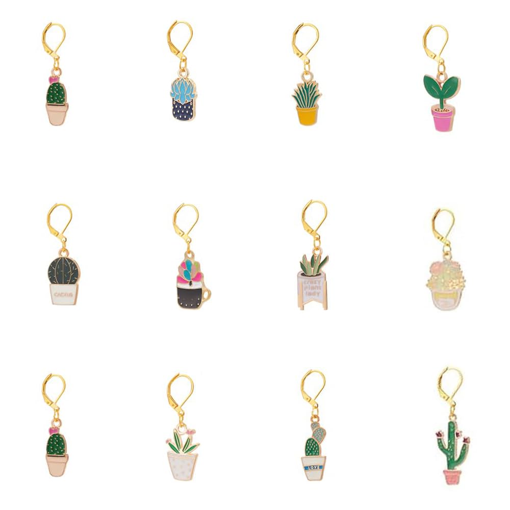 PLIGREAT 12 Pcs Cute Potted Green Plants Cactus Stitch Markers Knitting Locking Marker for Woman Weaving Sewing Quilting DIY Gifts Jewelry Making Accessories Crochet Markers with Lobster Claw Clasps