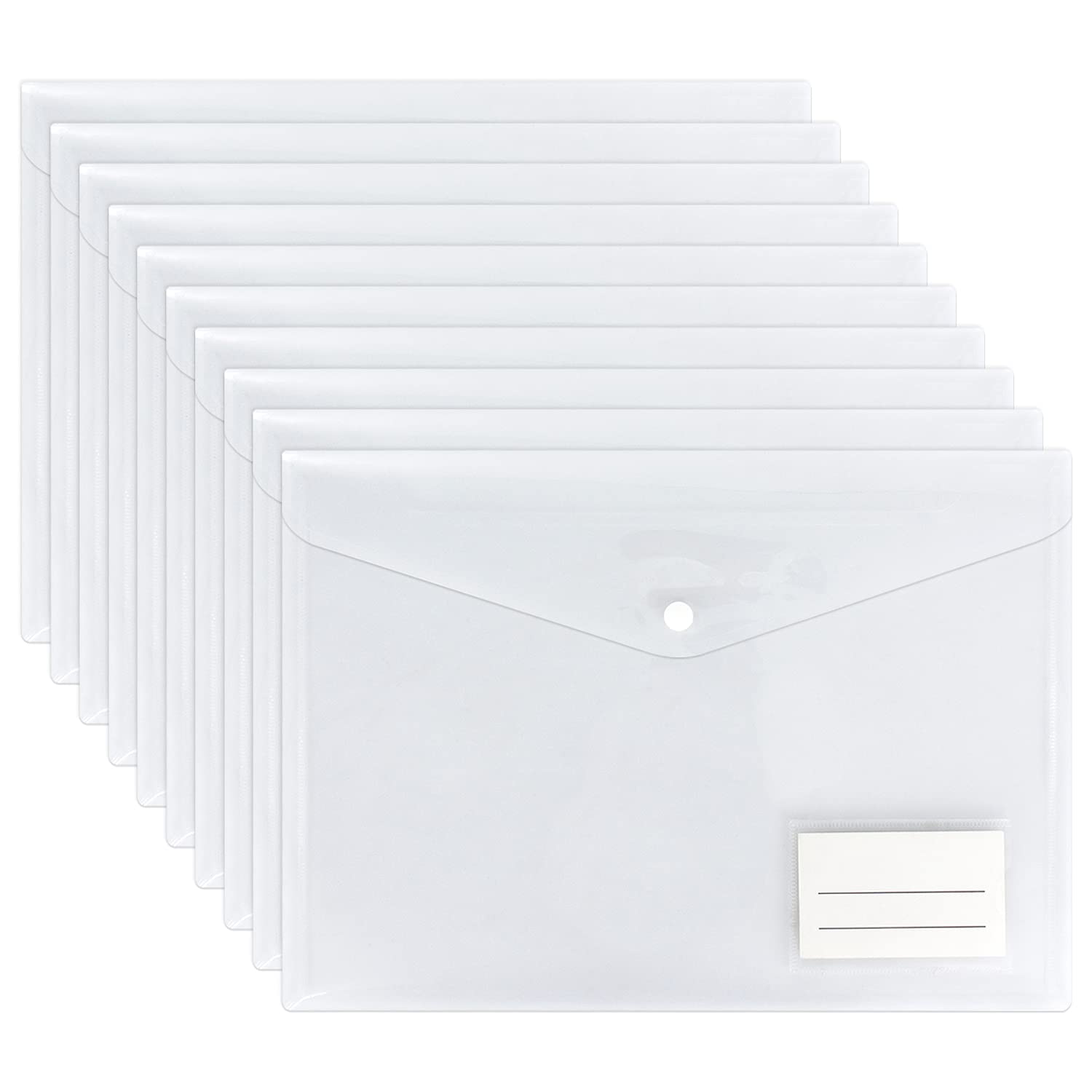 Clear Plastic Wallets - 10 Pack A4 Plastic Folders Document Files Envelope - Popper Wallets with Label Pocket and Snap Button for School Office Homework Travel