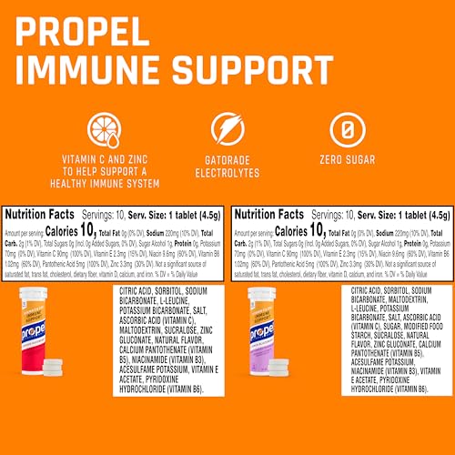PROPEL IMMUNE SUPPORT TABLETS, VITAMIN C + ZINC, GATORADE ELECTROLYTES, ZERO SUGAR, MAKES 16.9 FL OZ, 2 FLAVOR VARIETY PACK, 10 COUNT (PACK OF 4)
