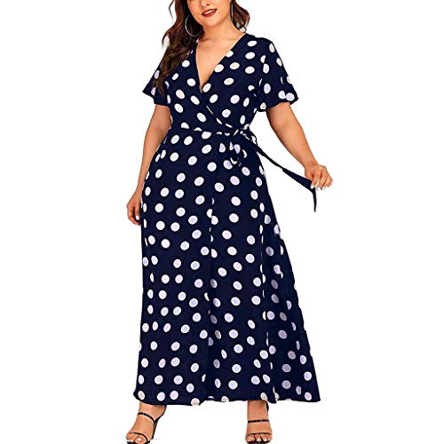 Tantisy ♣↭♣ Plus Size Short Sleeves Wrap V Neck Belted Empire Waist Asymmetrical High Low Bohemian Party Maxi Dress Navy