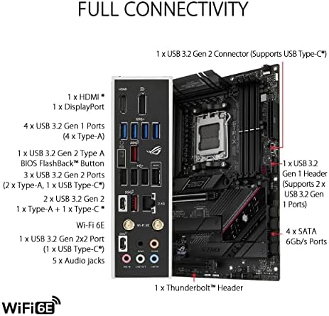 Asus rog strix b650e-f gaming wifi, placa-mãe amd ryzen am5 atx (12 + 2 fases vrm, ddr5, 3 slots m.2, pcie 5.0, wifi 6e, 2.5g lan, usb 3.2 gen 2x2 tipo c, aura rgb sync)