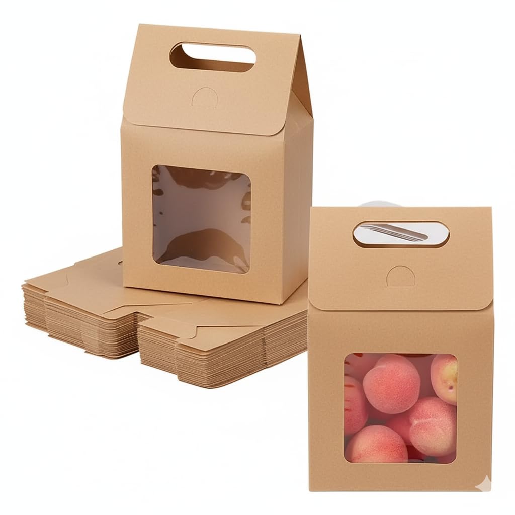 Emartbuy Kraft Window Gable Gift Box Bag with Handle – Brown – Size 1 (15 × 10 × 6 cm) – Pack of 12 | Favor, Bakery, Hampers