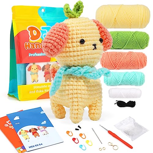 ZMAAGG Crochet Kit for Beginners, Crochet Animal Kit, Beginner Crochet Kit, Knitting Kit for Adults with Step-by-Step Instructions Video, Crochet Yarn, Crochet Accessories (Yellow Dog)