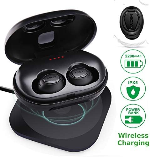 MICY Q1 True Wireless Earbuds - Bluetooth V4.2 TWS in-Ear Mini Headsets Earphones Headphones QI-Compatible Wireless Charging Case (Sweatproof, Built-in Microphone, 2200mAh Universal Power Bank)