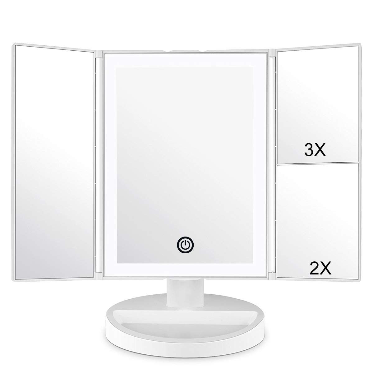 WEILY Makeup Vanity Mirror with LED Lighting and Touch Screen, Tri-Fold 1x 2x 3x Magnification,180° Adjustable Rotation,Battery and USB Powered,Countertop Cosmetic Mirror (White)