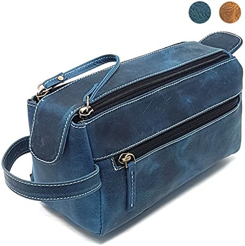 PURPLE RELIC: Rustic Leather Toiletry Bag Dopp Kit for Travel - Back to School, Off to College Gift - Multipurpose Use at Home and Office - Unisex (Blue)